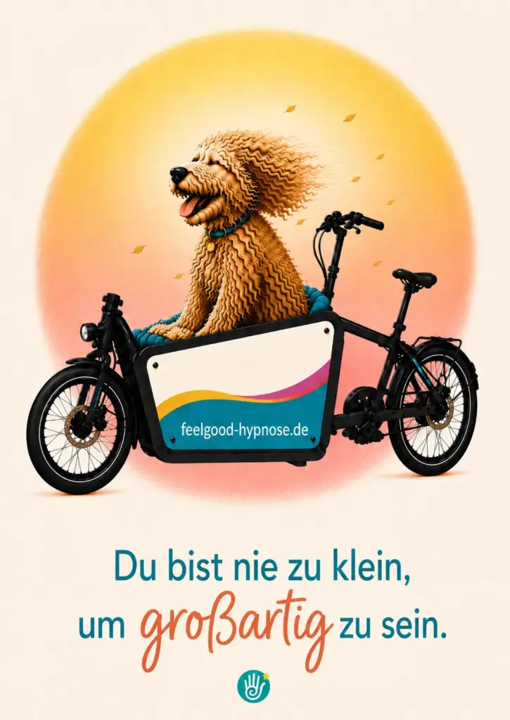 Illustration: Hündin Ayla sitzt in einem schwarzen Lastenrad mit dem Schriftzug feelgood-hypnose.de, darunter der Satz „Du bist nie zu klein, um großartig zu sein.“