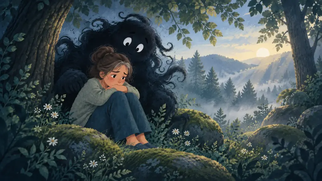 Illustration: Eine junge Frau sitzt mit angezogenen Knien am Waldrand, hinter ihr eine große dunkle Gestalt mit weit aufgerissenen Augen