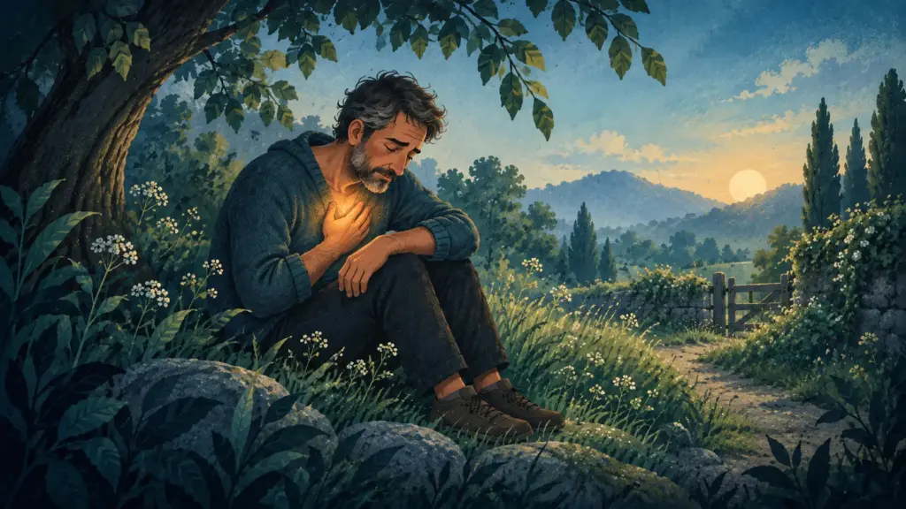 Illustration: Ein Mann sitzt unter einem Baum, die Hand auf dem warm leuchtenden Herzen; dahinter eine weite Hügellandschaft im Abendlicht