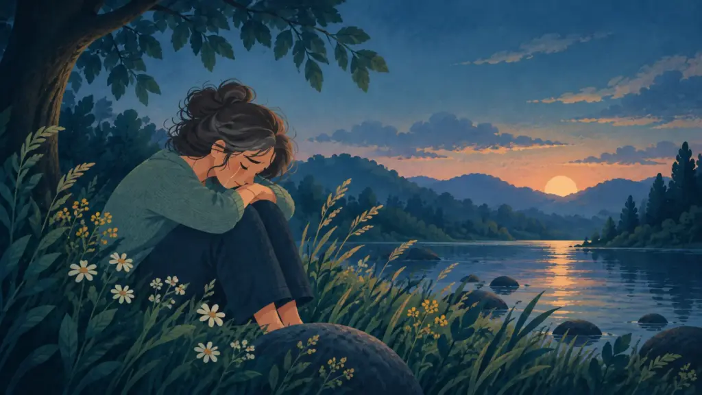 Illustration: Eine Frau sitzt weinend unter einem Baum am Ufer eines Sees, den Kopf auf die angezogenen Knie gelegt; am Horizont geht die Sonne unter